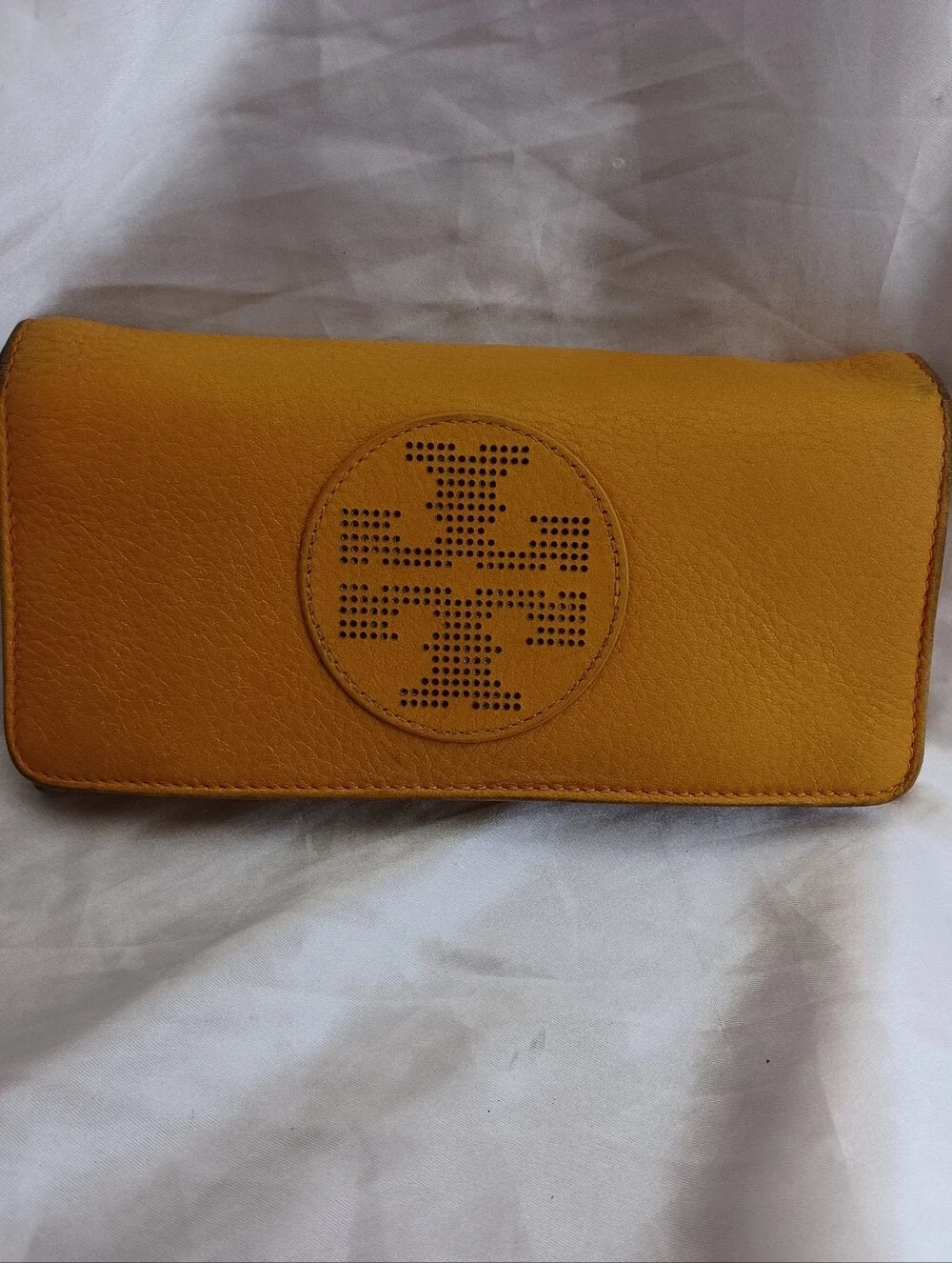 Tory Burch Marion Perforated Leather Zip Continental Wallet in a Mustard Yellow